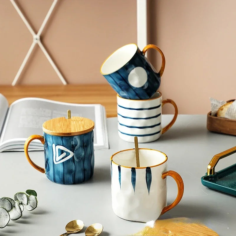 Japanese Hand-Painted Ceramic Mug with Lid & Spoon - Office Coffee Cup
