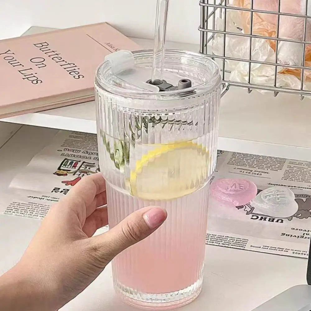 600ml Vertical Striped Glass Coffee Mug with Lid and Straw, Transparent Tea Mug for Americano, Cappuccino, Tea and Drinks