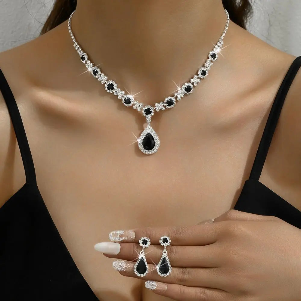 Crystal Jewelry Set - Water Drop Pendant Necklace & Earrings with Zircon
