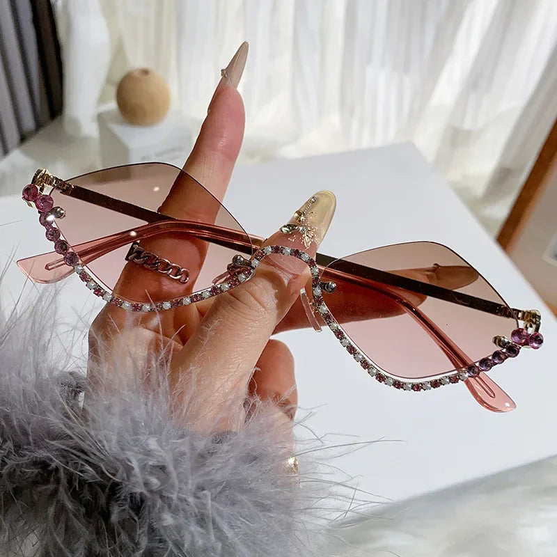 Diamond Vintage Brand Designer rhombus Sunglasses Women For Female Luxury Sun Glasses Punk Popular Half Frame Rhinestone Eyewear