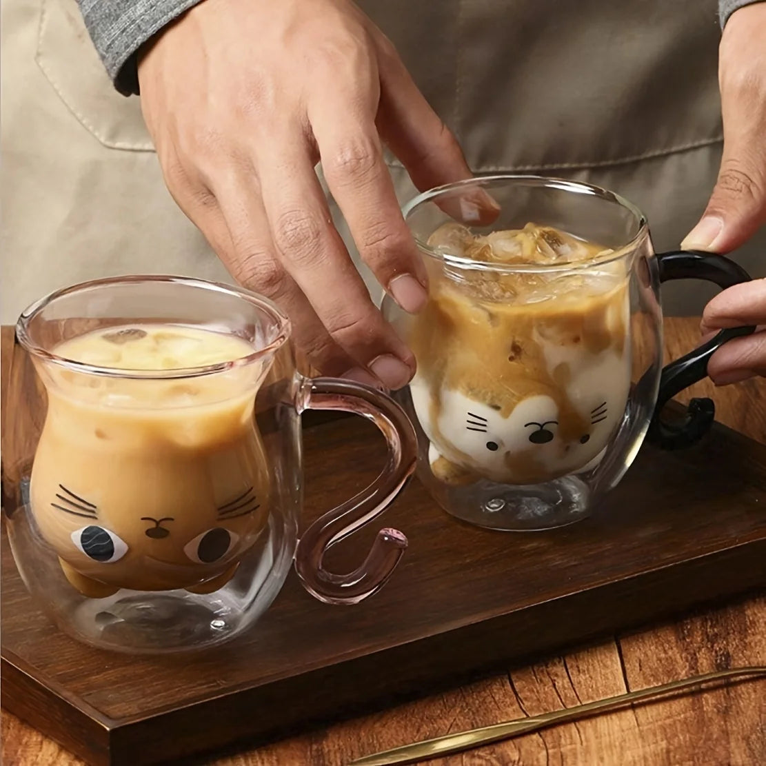8.45/6.76oz Cute Cat Glass Cups Double-Walled Heat Resistant Milk Coffee Mug for Home Use Summer Winter Drinkware Gift Water Cup