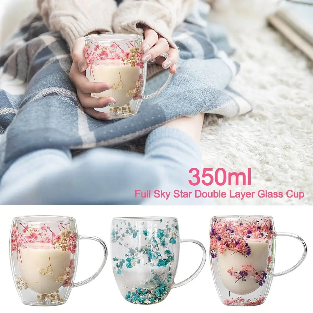 Double Wall Glass Mug with Dried Flowers - 350ml Decorative Coffee Cup