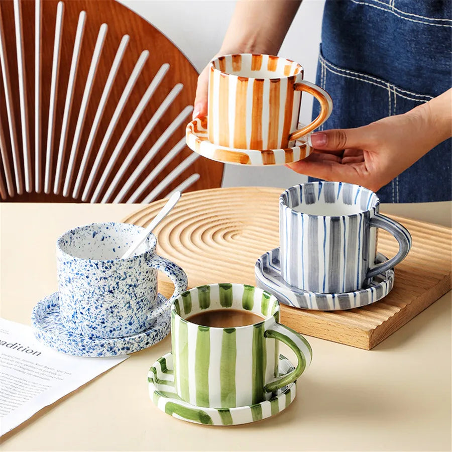 Minimalist Striped Ceramic Cup & Plate Set - 280ml Coffee Tea Set