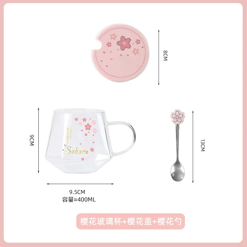 Sakura Glass Water Cup, Heat-resistant Tea Cups, High Aesthetic Mug, Spoon with Lid, Home Office Milk Coffee Mugs, Holiday Gift