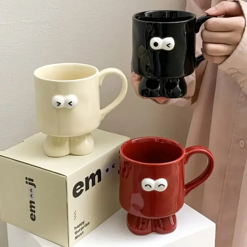 Interesting Big Eyed Ceramic Mug, Cute Red Black and White Coffee Mugs, Office Breakfast Birthday Gift Teacup, Couple Water Cups