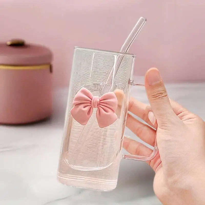 Cartoon Bow Glass Cute Striped Cup; Doodle Design, Suitable for Fruit Teas, Lemonade, Coffee Lover Girls Gift