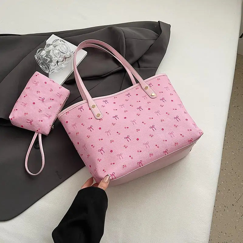 Women PU Floral Tote Bag Fashion Shoulder Bag Large Capacity Simple Tote Handbag Trendy Work Hobos Outdoor Travel Bag