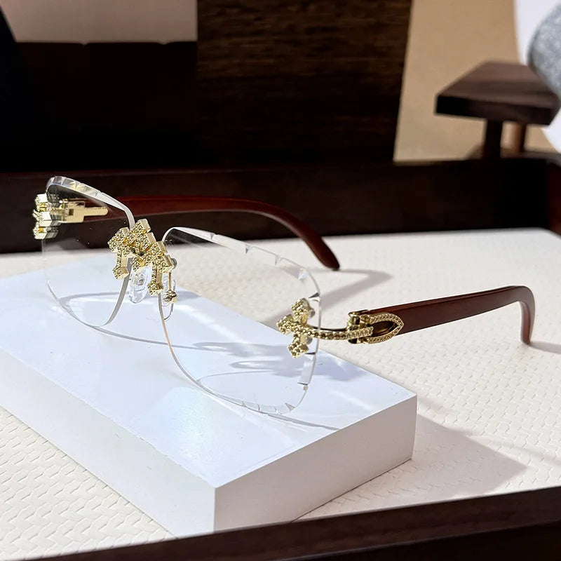 Vintage Rimless Square Cutting Lens Sunglasses Women For Men Luxury Brand Designer Popular Punk Fashion Diamond Cross Sun Glass