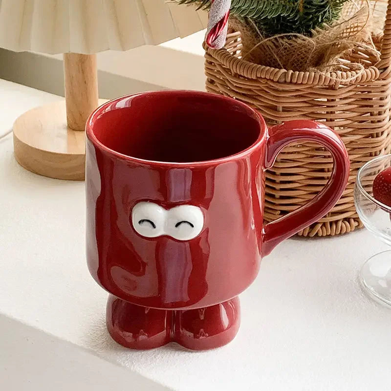 Interesting Big Eyed Ceramic Mug, Cute Red Black and White Coffee Mugs, Office Breakfast Birthday Gift Teacup, Couple Water Cups