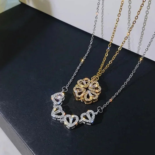 Retro Magnetic Folding Heart Shaped Four Leaf Clover Pendant Necklace for Women Love Clavicle Chain Gift Openable Choker Jewelry
