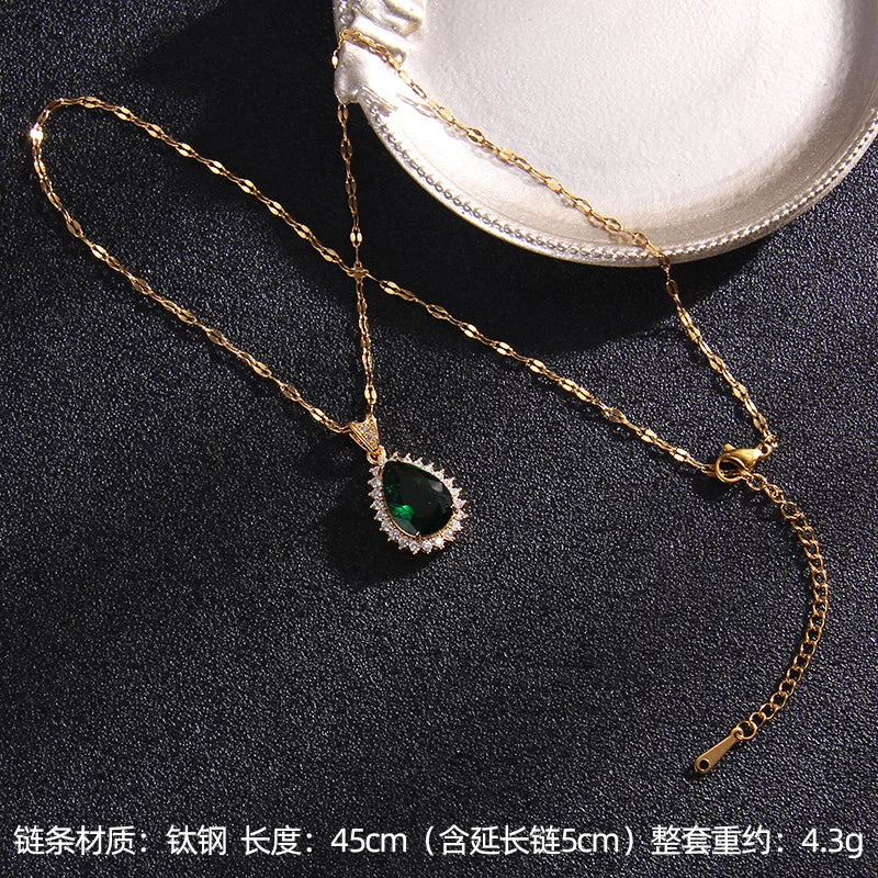 Luxury Vintage Green Zircon Pendant Necklaces for Women Lady Stainless Steel Chain Elegant Collar Accessories Jewelry Gifts