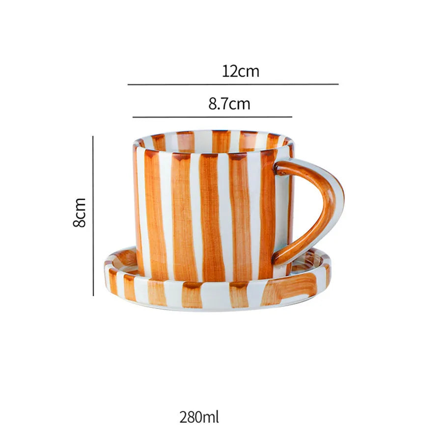 Minimalist Striped Ceramic Cup & Plate Set - 280ml Coffee Tea Set
