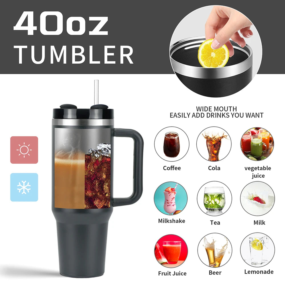 40oz Stainless Steel Tumbler with Handle & Straw - Vacuum Insulated Travel Mug