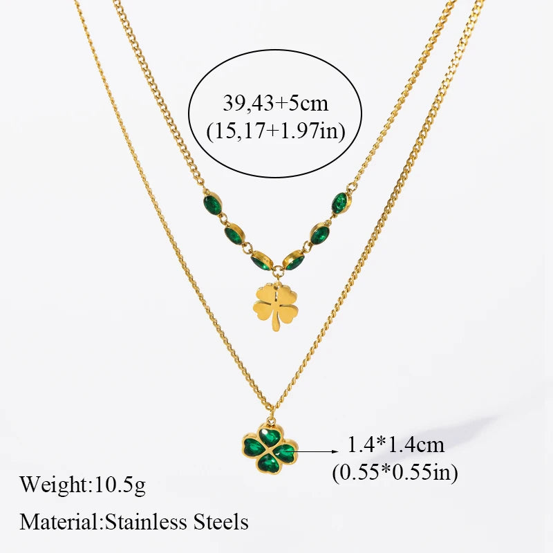 316L Stainless Steel Green Crystal Clover Jewelry Set - Waterproof