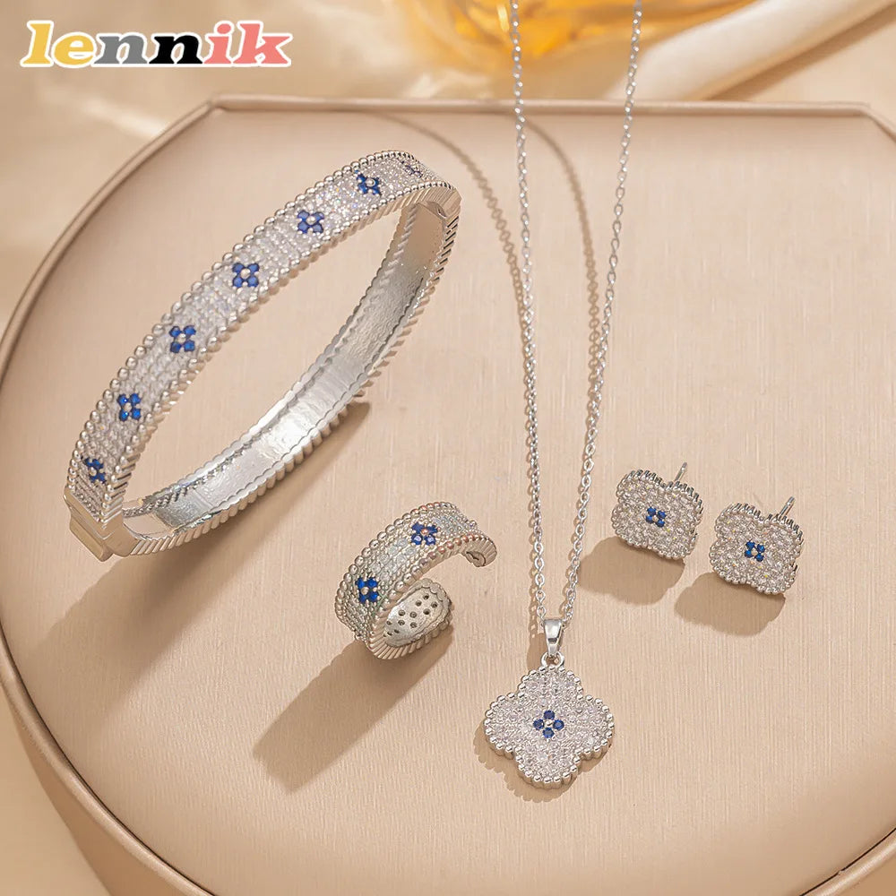 LENNIK Premium Lucky Clover Luxury Full Zircon Micro Pave Earrings Necklace Ring Set, Versatile for Daily/Party, Perfect Gift