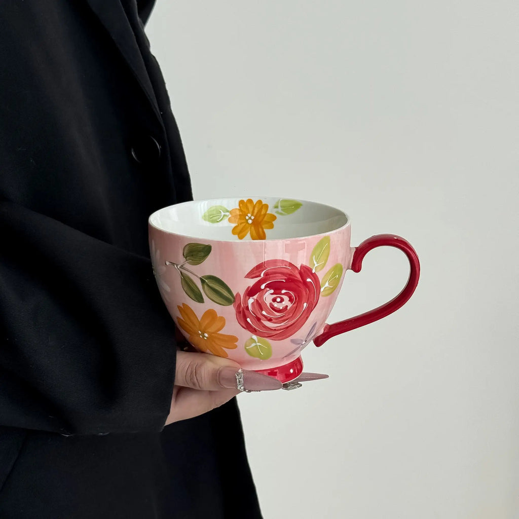 High Aesthetic Relief Flower Ceramic Mug with Spoon, Hand-painted Large Capacity Milk Coffee Mug, Office Tea Cup, Birthday Gift