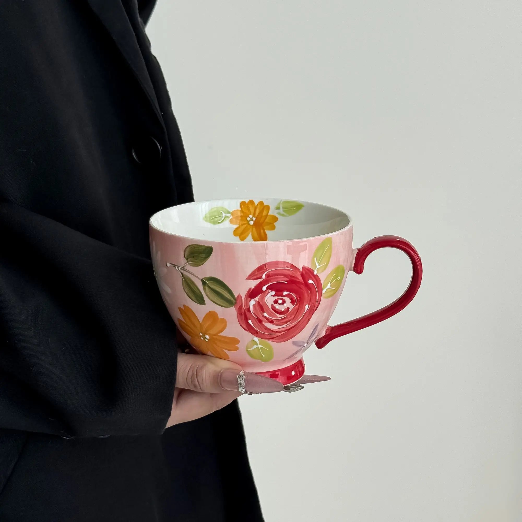High Aesthetic Relief Flower Ceramic Mug with Spoon, Hand-painted Large Capacity Milk Coffee Mug, Office Tea Cup, Birthday Gift