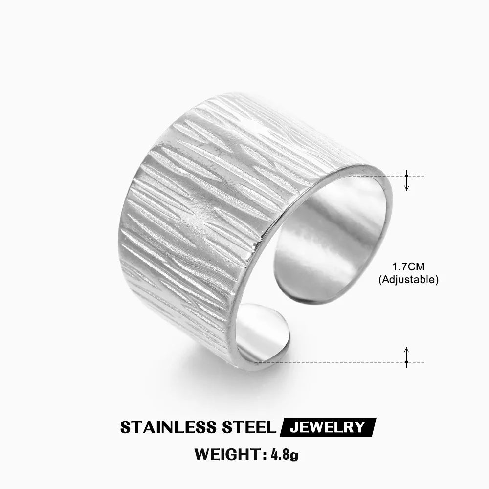 Stainless Steel Wide Geometric Ring - Punk Style Wedding Band