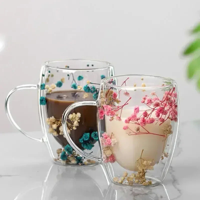 Double Wall Glass Coffee Cup 350ml - Heat Resistant with Dried Flowers