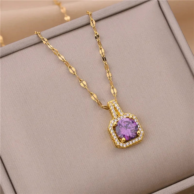 Korean Style Fashion Square Zircon Stainless Steel Necklaces For Women Luxury Elegant Female Clavicle Chain Jewelry Wholesale