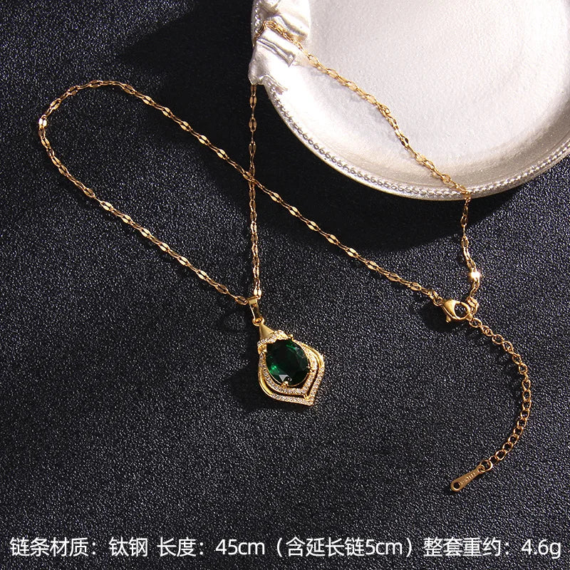 Luxury Vintage Green Zircon Pendant Necklaces for Women Lady Stainless Steel Chain Elegant Collar Accessories Jewelry Gifts