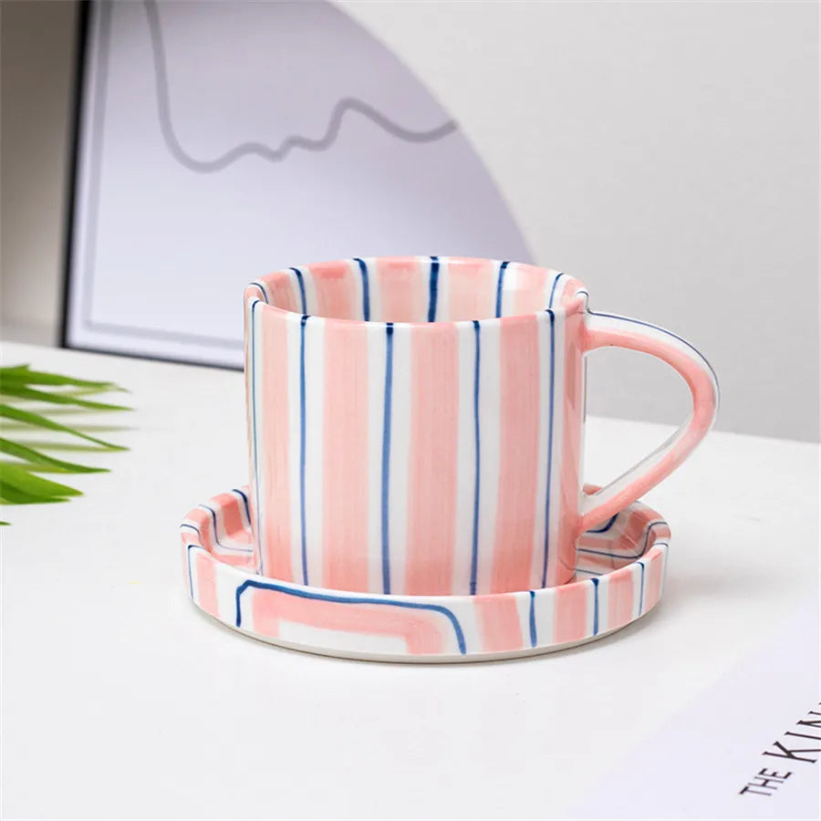 Minimalist Striped Ceramic Cup & Plate Set - 280ml Coffee Tea Set