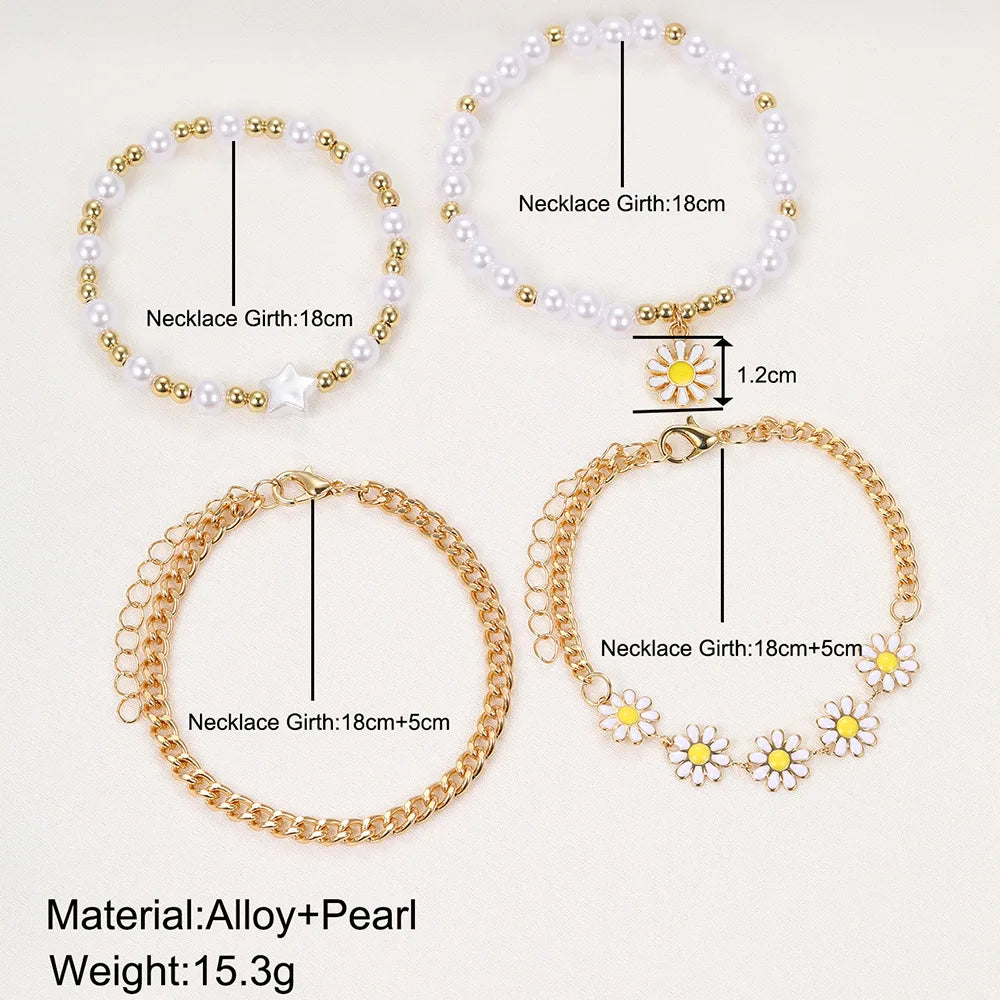 Girls Bracelet Watch Set - 5pcs Pentagram Daisy Pearl Jewelry