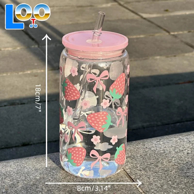 Bow Glass Cute Water Cup Cartoon Bow Glass Cup Striped Cute Doodle Coffee Mug Household Fruit Tea Lemonade Girls Gift