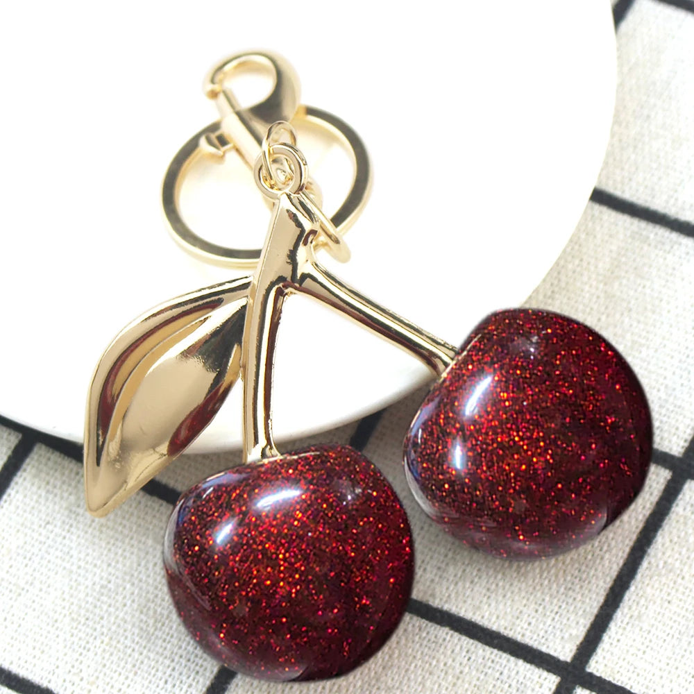 Red Cherry Fruit Bag Charm Keychain - Elegant 3-Color Key Ring for Women