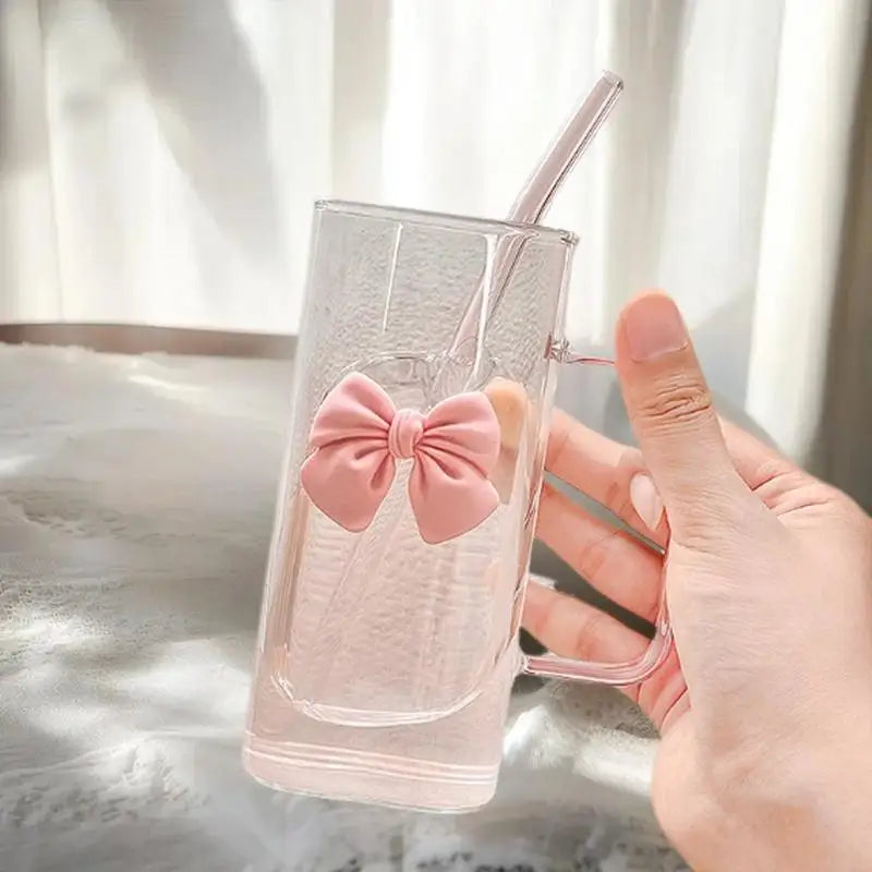 Cartoon Bow Glass Cute Striped Cup; Doodle Design, Suitable for Fruit Teas, Lemonade, Coffee Lover Girls Gift