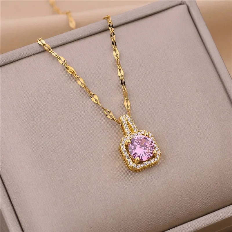 Korean Style Fashion Square Zircon Stainless Steel Necklaces For Women Luxury Elegant Female Clavicle Chain Jewelry Wholesale