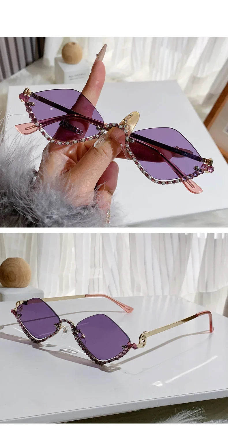Diamond Vintage Brand Designer rhombus Sunglasses Women For Female Luxury Sun Glasses Punk Popular Half Frame Rhinestone Eyewear