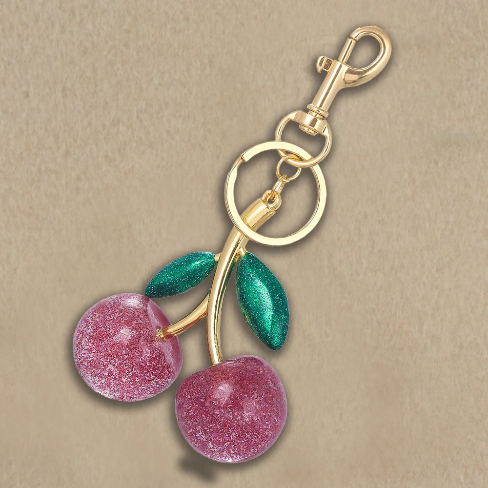 Red Cherry Fruit Bag Charm Keychain - Elegant 3-Color Key Ring for Women