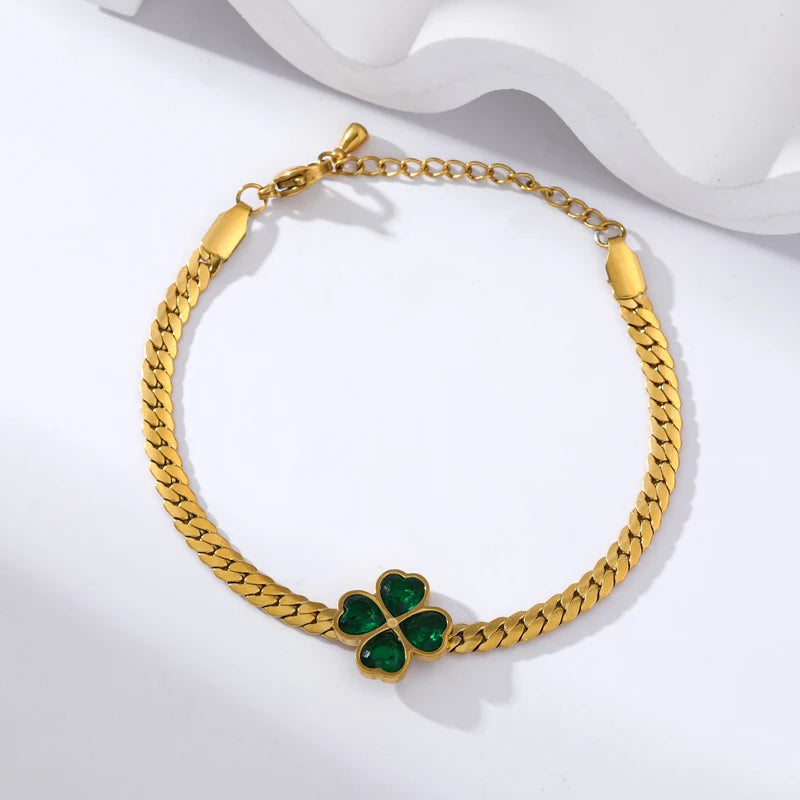 316L Stainless Steel Green Crystal Clover Jewelry Set - Waterproof