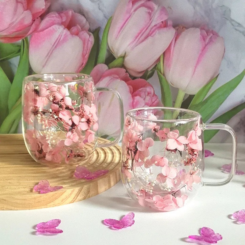 Transparent Coffee Cup - Creative Flower Double Insulated Glass