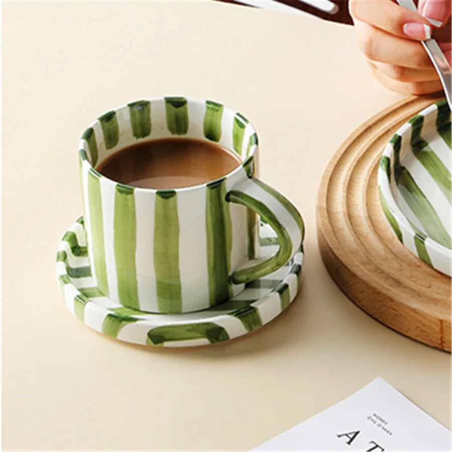 Minimalist Striped Ceramic Cup & Plate Set - 280ml Coffee Tea Set