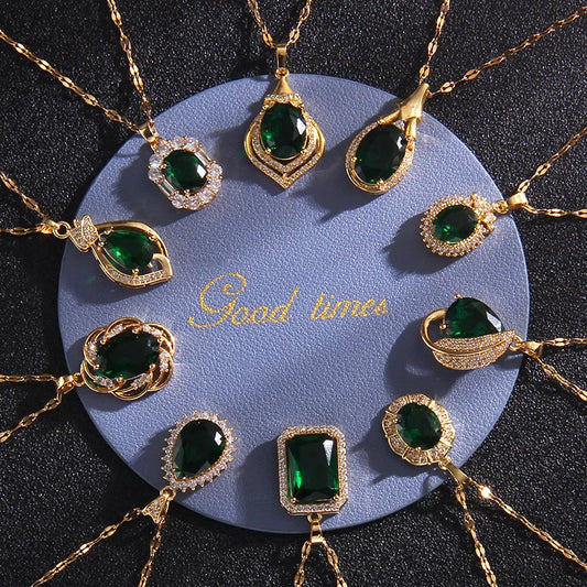Luxury Vintage Green Zircon Pendant Necklaces for Women Lady Stainless Steel Chain Elegant Collar Accessories Jewelry Gifts