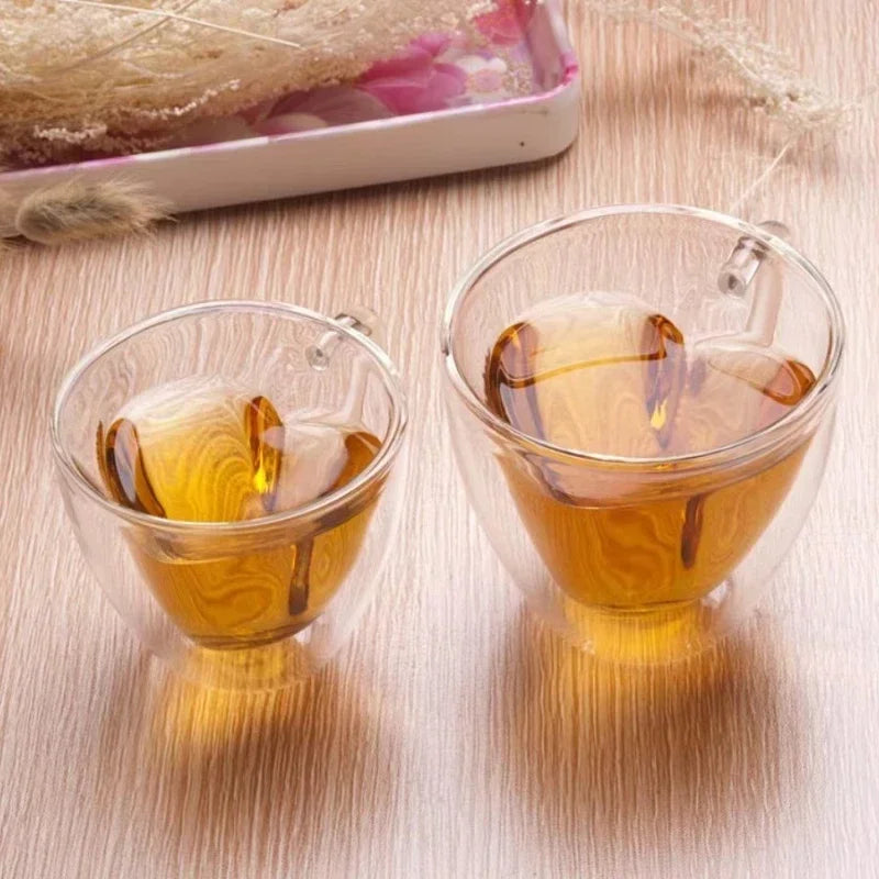 Heart Shaped Mug Double Wall Glass Cup Heat-Resisting Solid Color Wine Glasses Tea Mugs Milk Espresso Coffee Cup for Gift