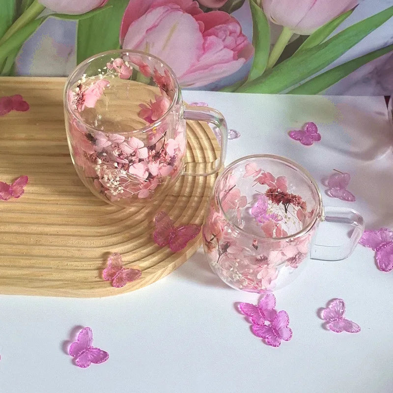 Transparent Coffee Cup - Creative Flower Double Insulated Glass