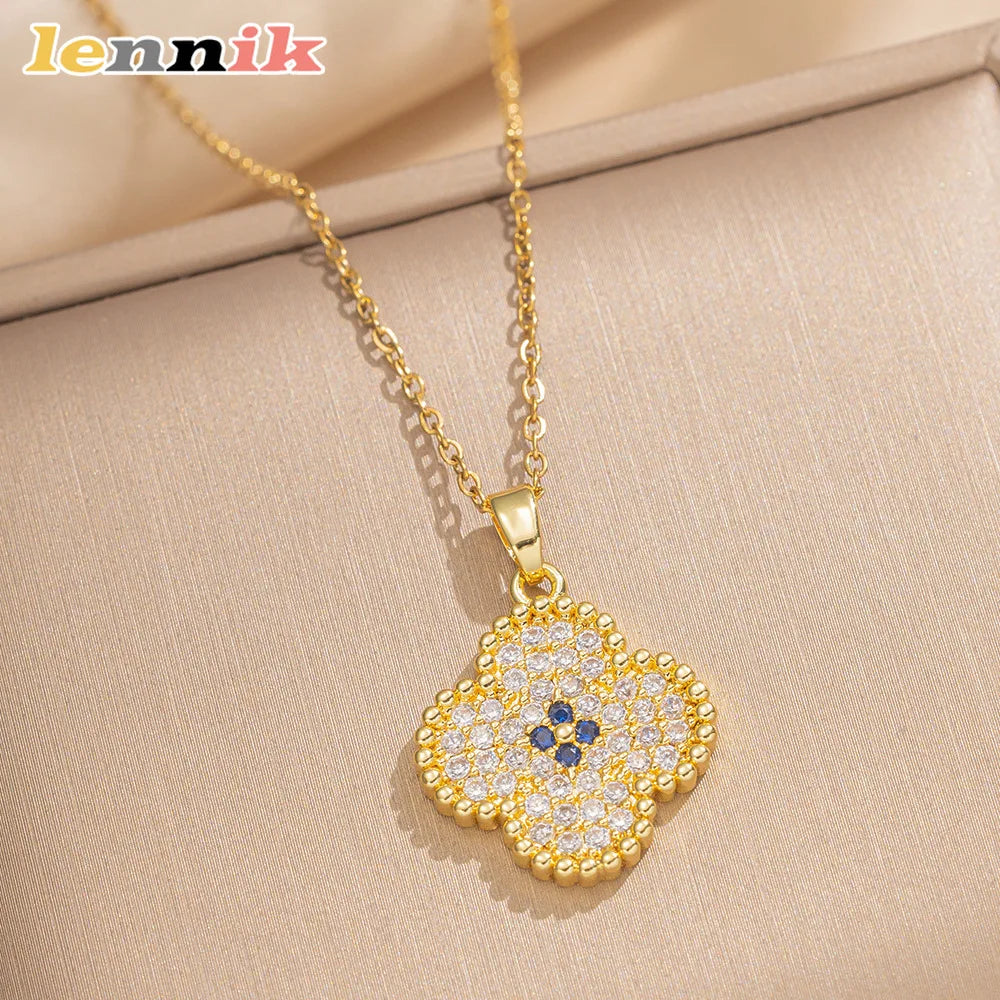 LENNIK Premium Lucky Clover Luxury Full Zircon Micro Pave Earrings Necklace Ring Set, Versatile for Daily/Party, Perfect Gift