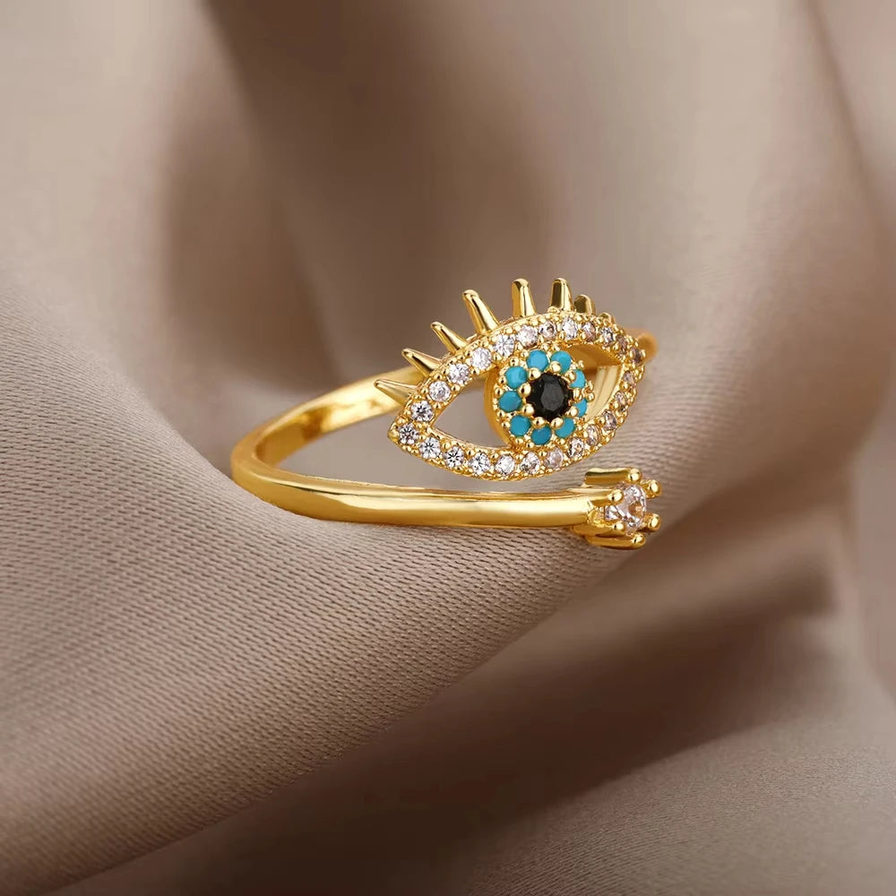 Stainless Steel Zircon Ring - Adjustable Evil Eye Geometric Design