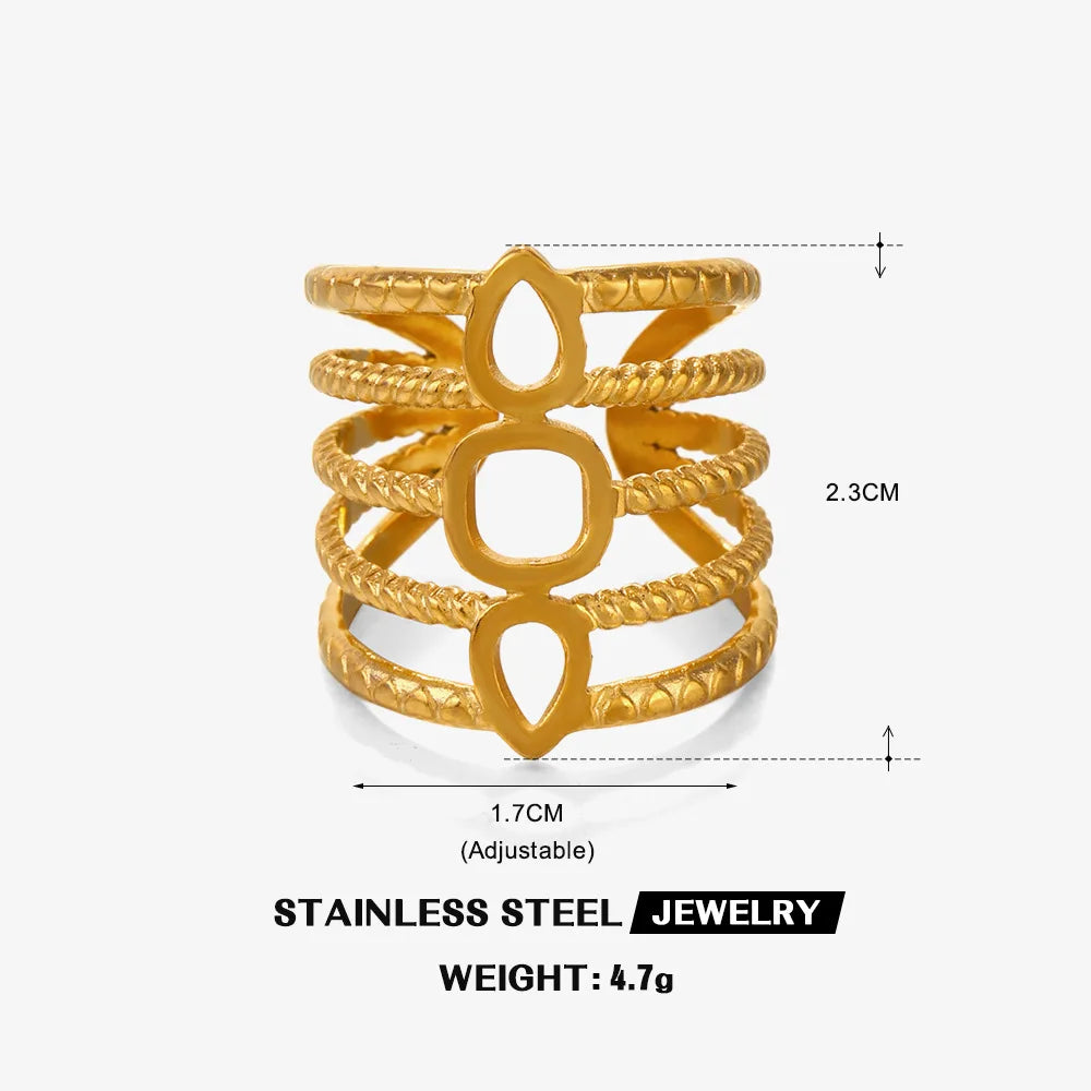 Stainless Steel Wide Geometric Ring - Punk Style Wedding Band