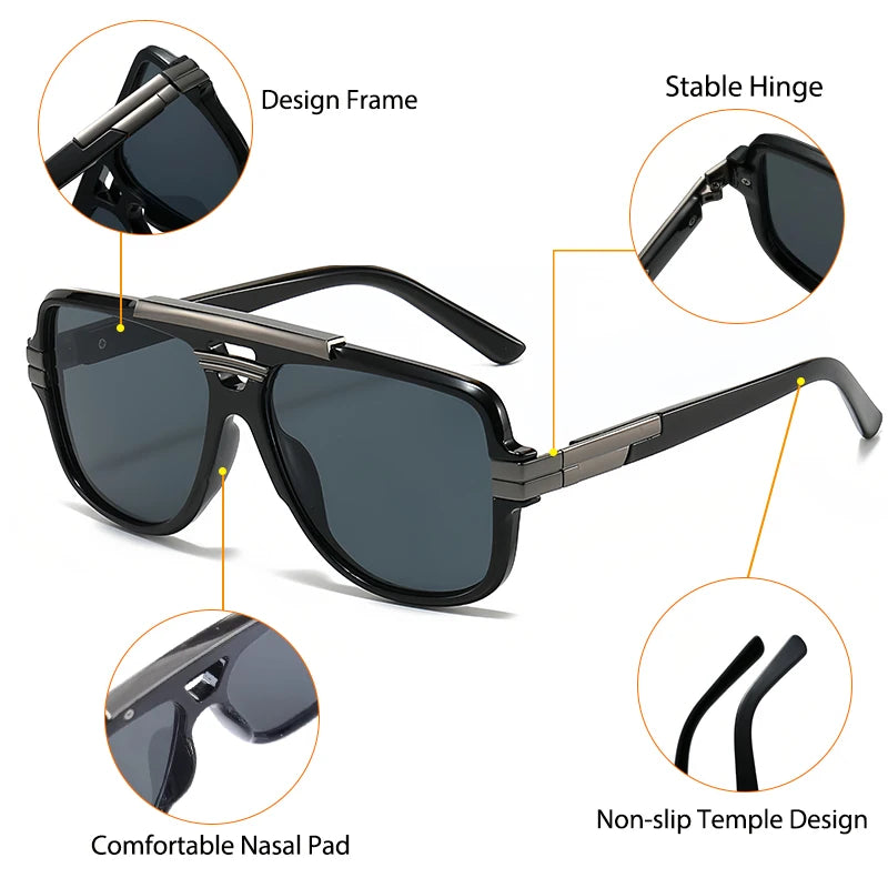 CATERSIDE Retro Big Frame Square Sunglasses Men Flat Top Double Bridge Pilot Punk Sun Glasses Women's Party Travel Eyewear UV400