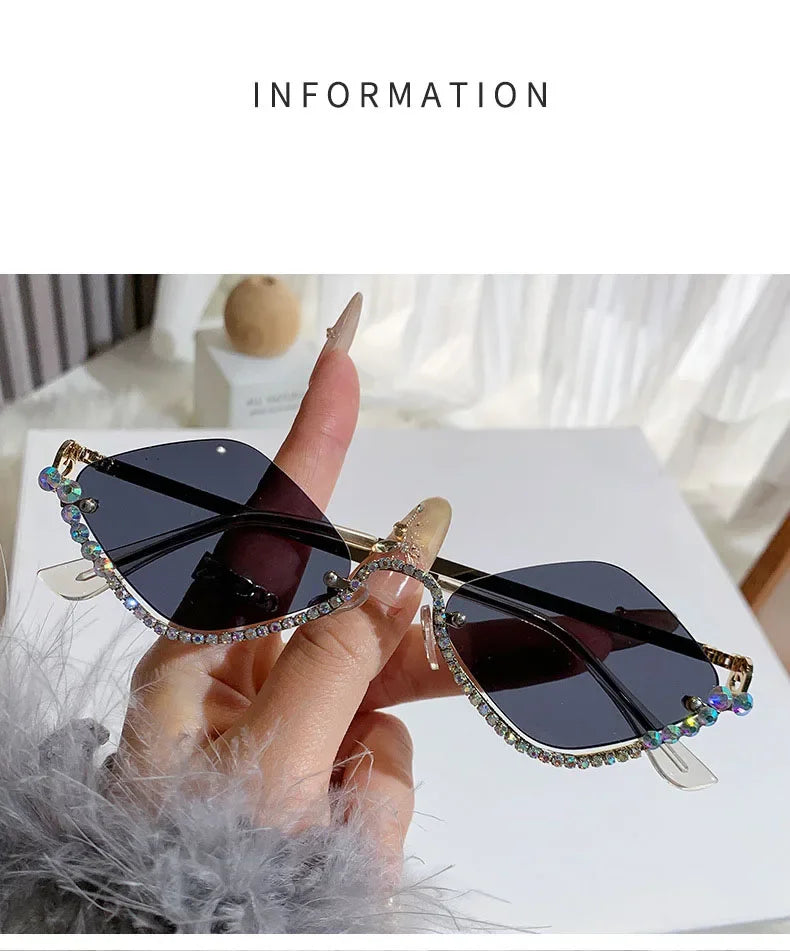 Diamond Vintage Brand Designer rhombus Sunglasses Women For Female Luxury Sun Glasses Punk Popular Half Frame Rhinestone Eyewear