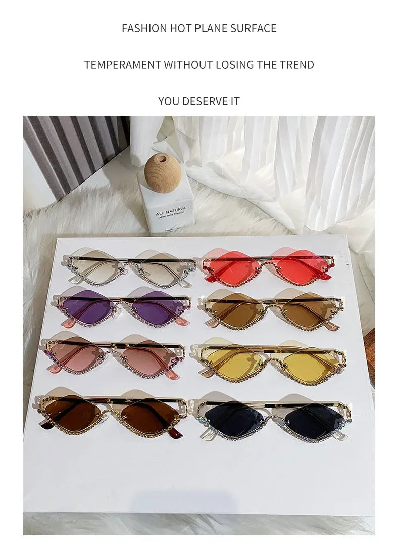Diamond Vintage Brand Designer rhombus Sunglasses Women For Female Luxury Sun Glasses Punk Popular Half Frame Rhinestone Eyewear
