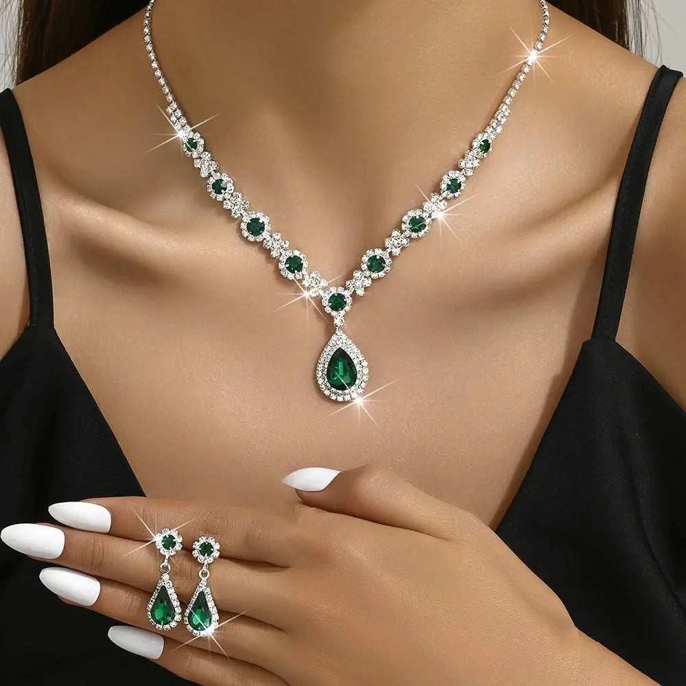 Crystal Jewelry Set - Water Drop Pendant Necklace & Earrings with Zircon