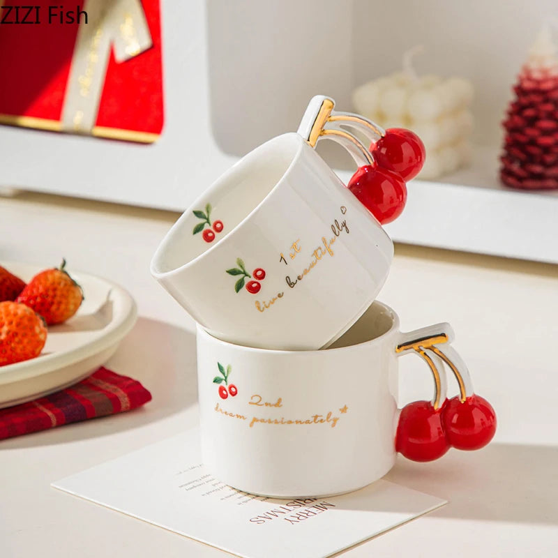 Cherry Printed Pattern Mugs Gilding Edge Porcelain Cup Tableware Coffee Mug Dining Table Afternoon Tea Teacup Fruits Juice Cup