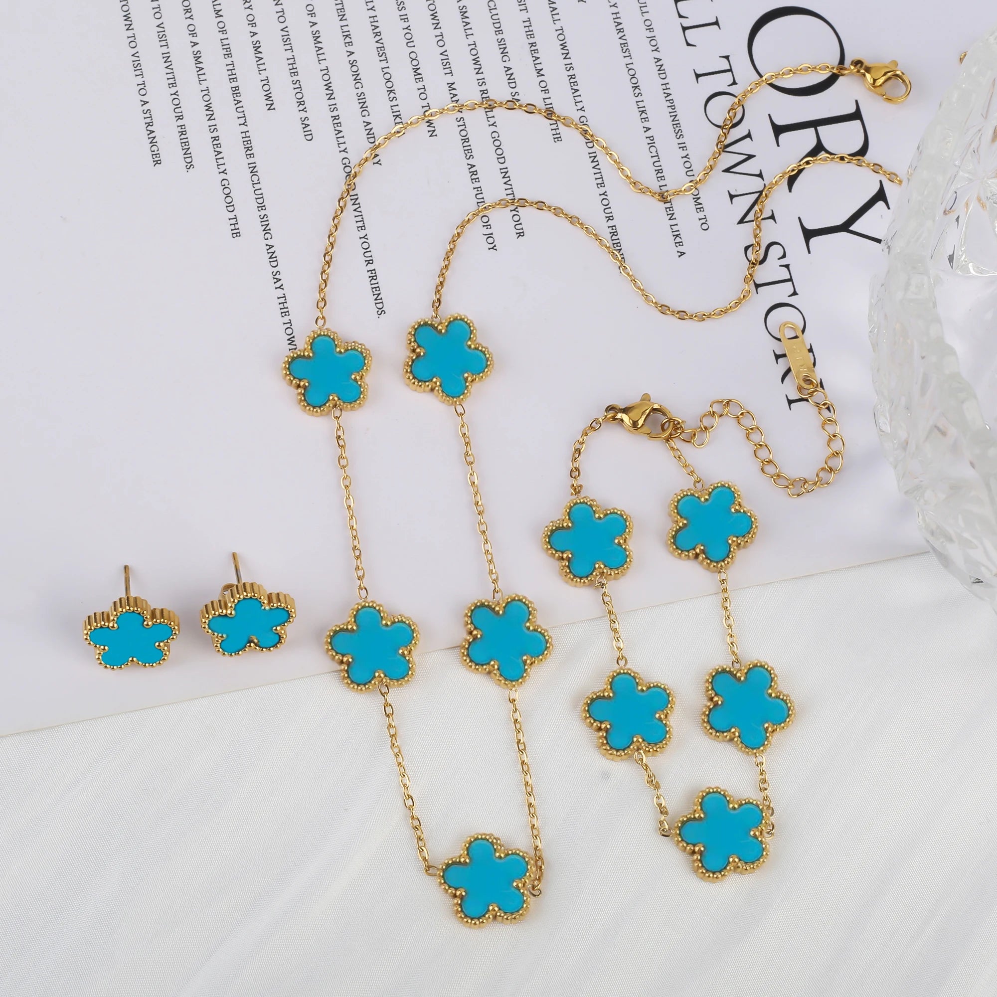 3Pcs Stainless Steel Hot Selling Gold Plated Clover Necklace Earrings Bracelet Jewelry Set Five Leaf Flower Jewelry For Women