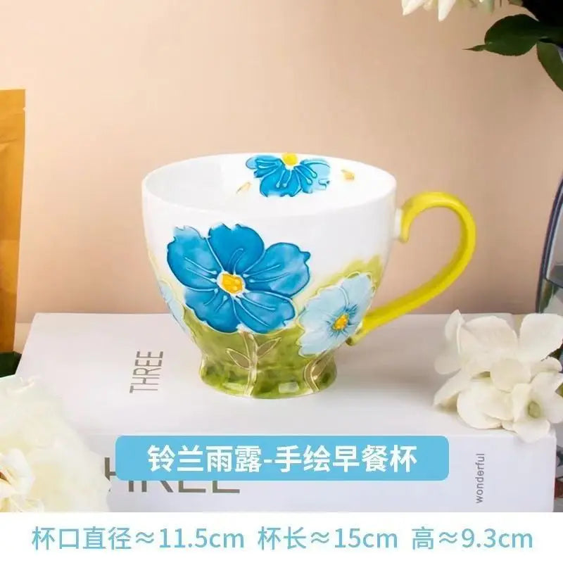 High Aesthetic Relief Flower Ceramic Mug with Spoon, Hand-painted Large Capacity Milk Coffee Mug, Office Tea Cup, Birthday Gift