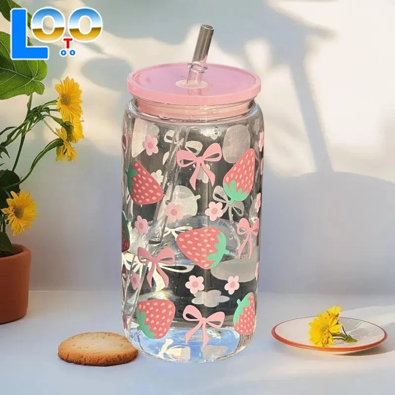 Bow Glass Cute Water Cup Cartoon Bow Glass Cup Striped Cute Doodle Coffee Mug Household Fruit Tea Lemonade Girls Gift